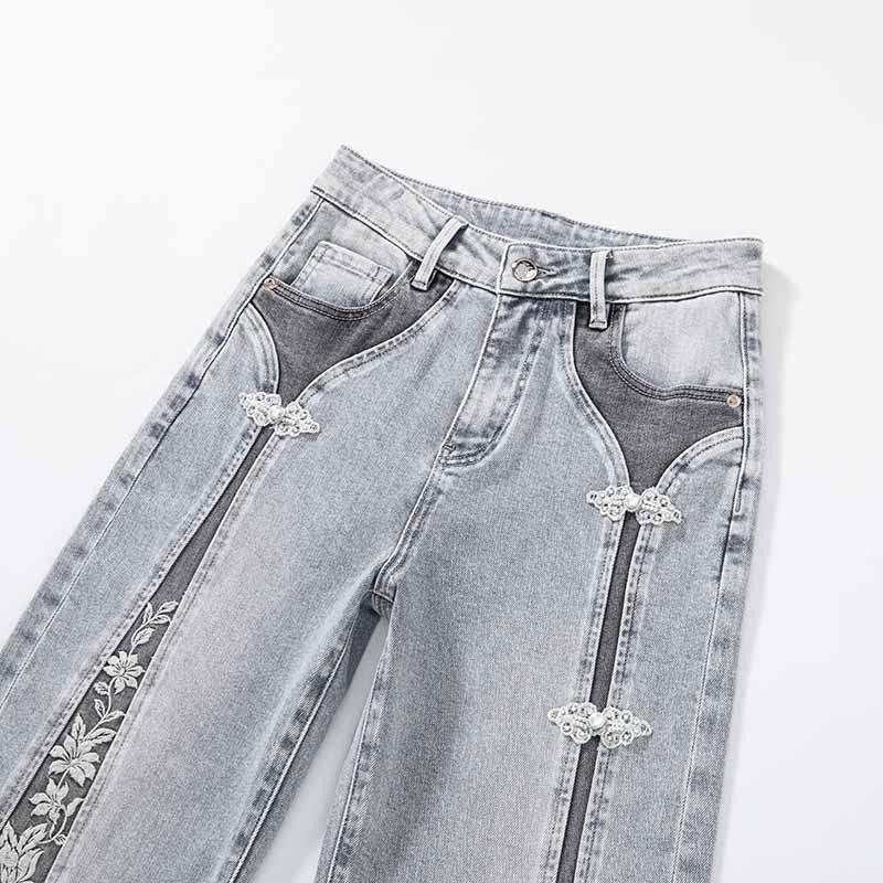 Risen Jeans Patchwork Pearl-Frog Closure Embroidered Jeans
