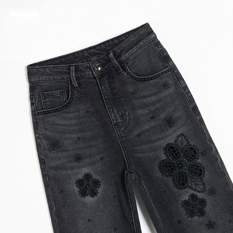 Risen Jeans Pearl-Embellished Floral Embroidered Cut-Out Jeans
