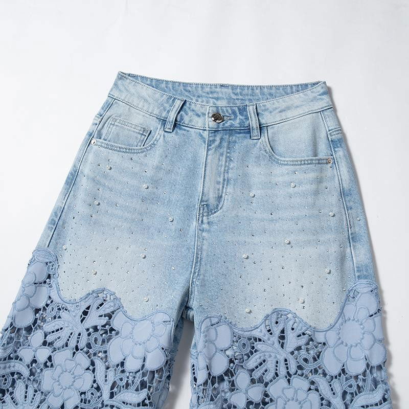 Risen Jeans Embroidered Cut-Out Pearl Rhinestone Ankle Jeans