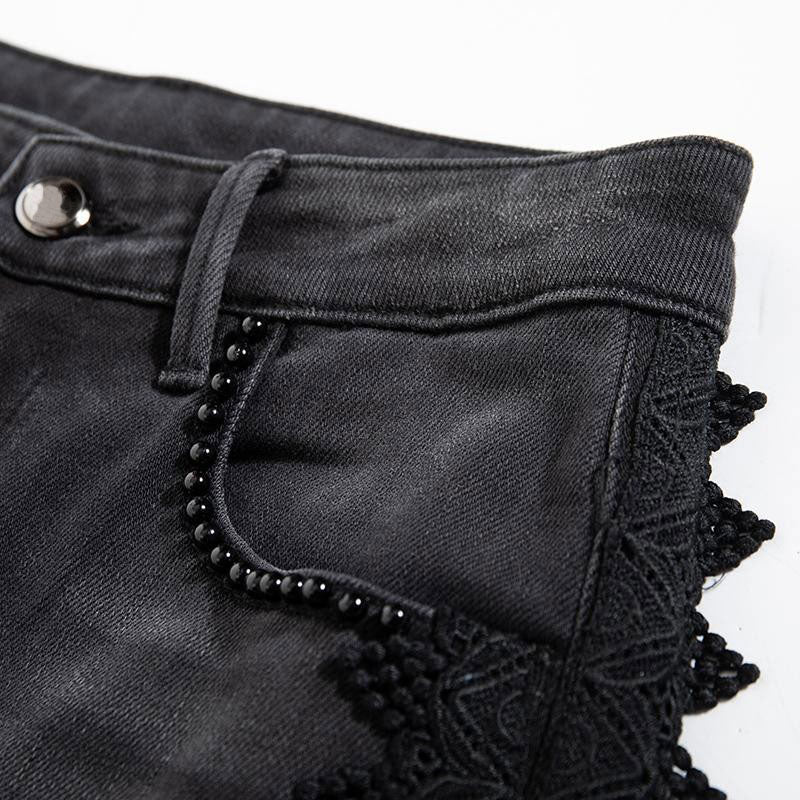 Risen Jeans Rhinestones & Pearls Embroidery Patchwork Ankle Jeans