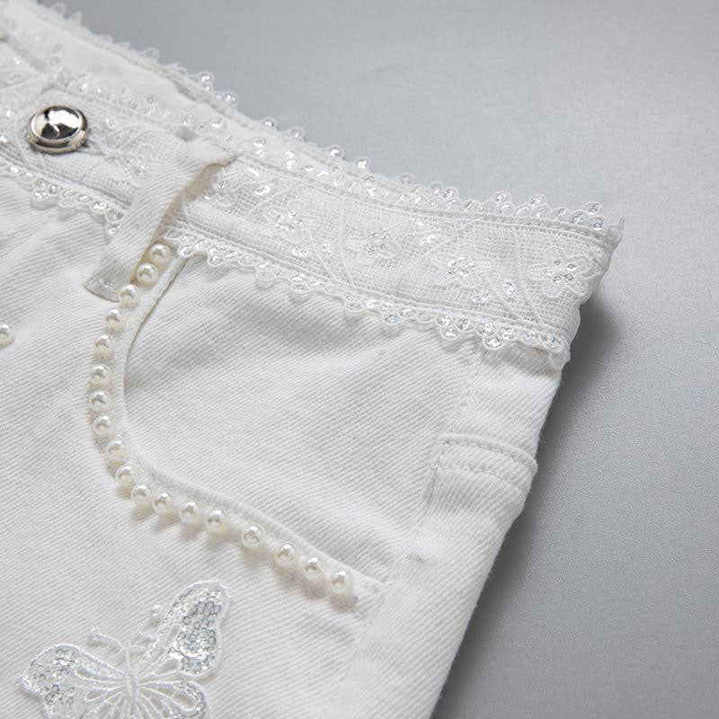Pearl-embellished Embroidered Butterfly Denim Shorts
