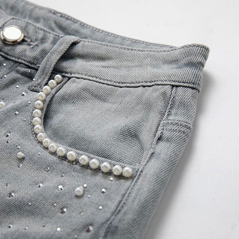 Pearl & Rhinestone Lace-Cut Denim Shorts