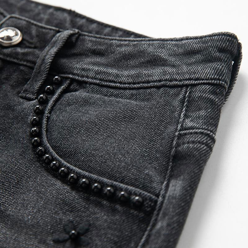 Risen Jeans Pearl-Embellished Floral Embroidered Cut-Out Jeans