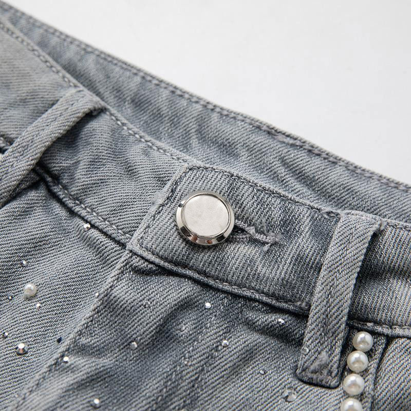 Pearl & Rhinestone Lace-Cut Denim Shorts