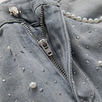 Pearl & Rhinestone Lace-Cut Denim Shorts