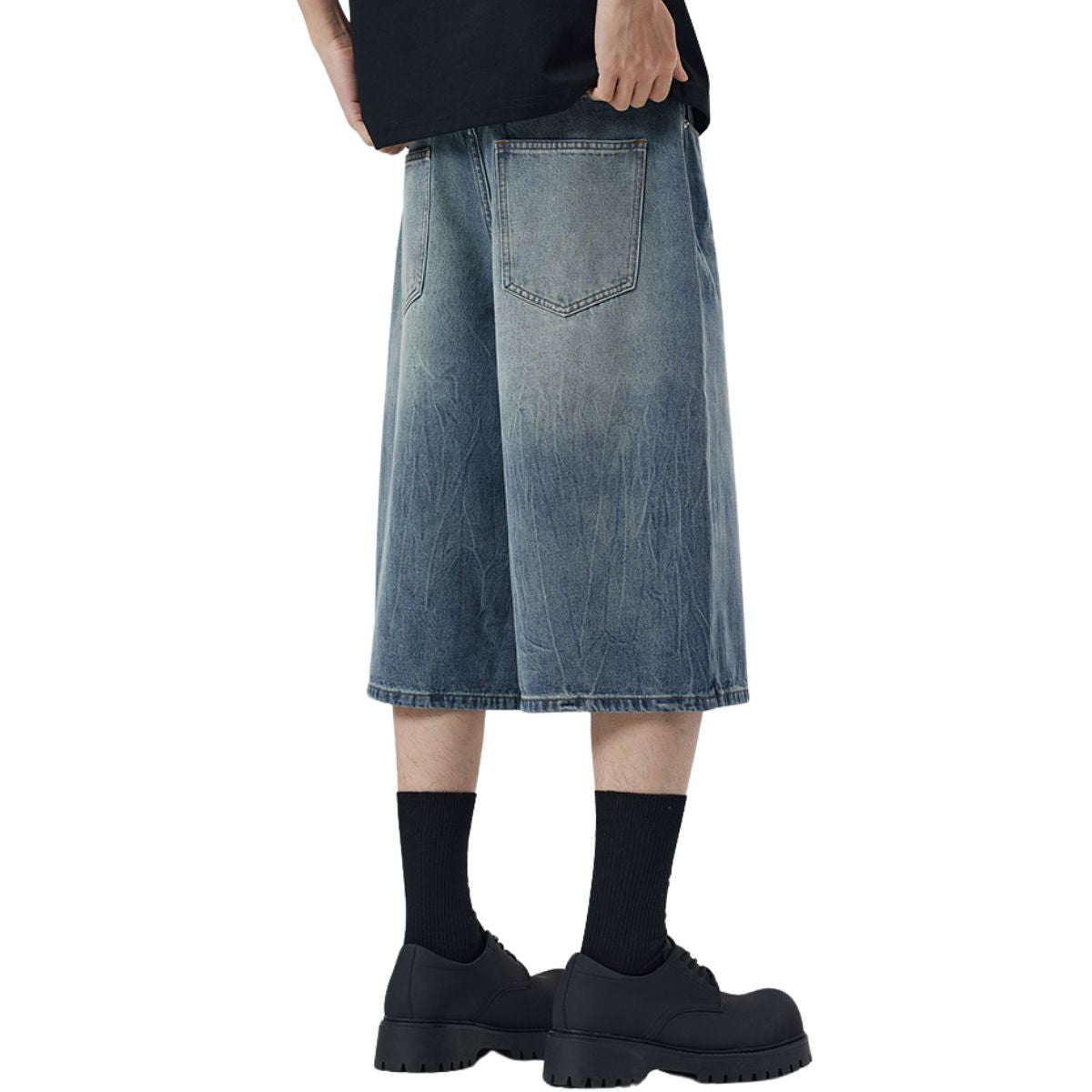 Wide-Leg Bermuda Washed Denim Shorts