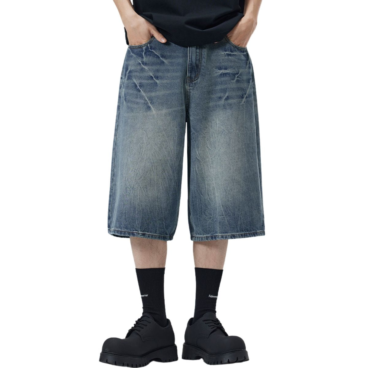 Wide-Leg Bermuda Washed Denim Shorts