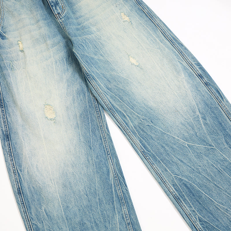 Washed Distressed Barrel-Leg Jeans