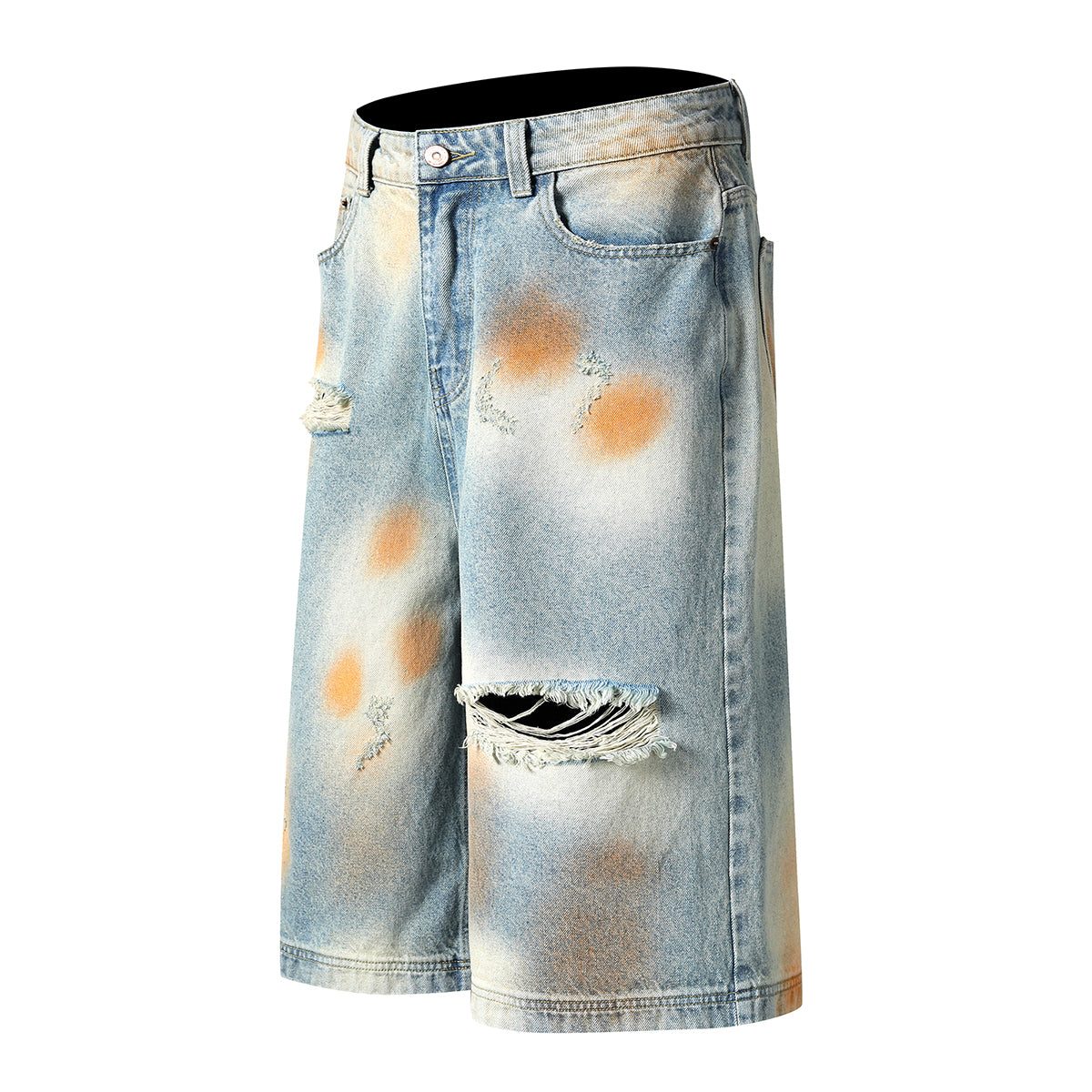 Rust-Dyed Ripped Bermuda Shorts