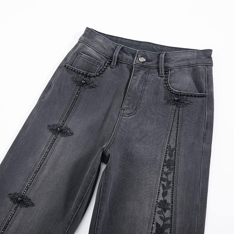 Risen Jeans Pearl-Frog Embroidered Wide-Leg Jeans