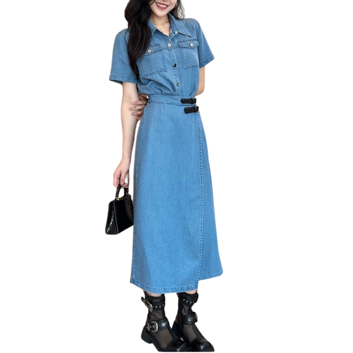 Short-Sleeve Denim Midi Shirtdress