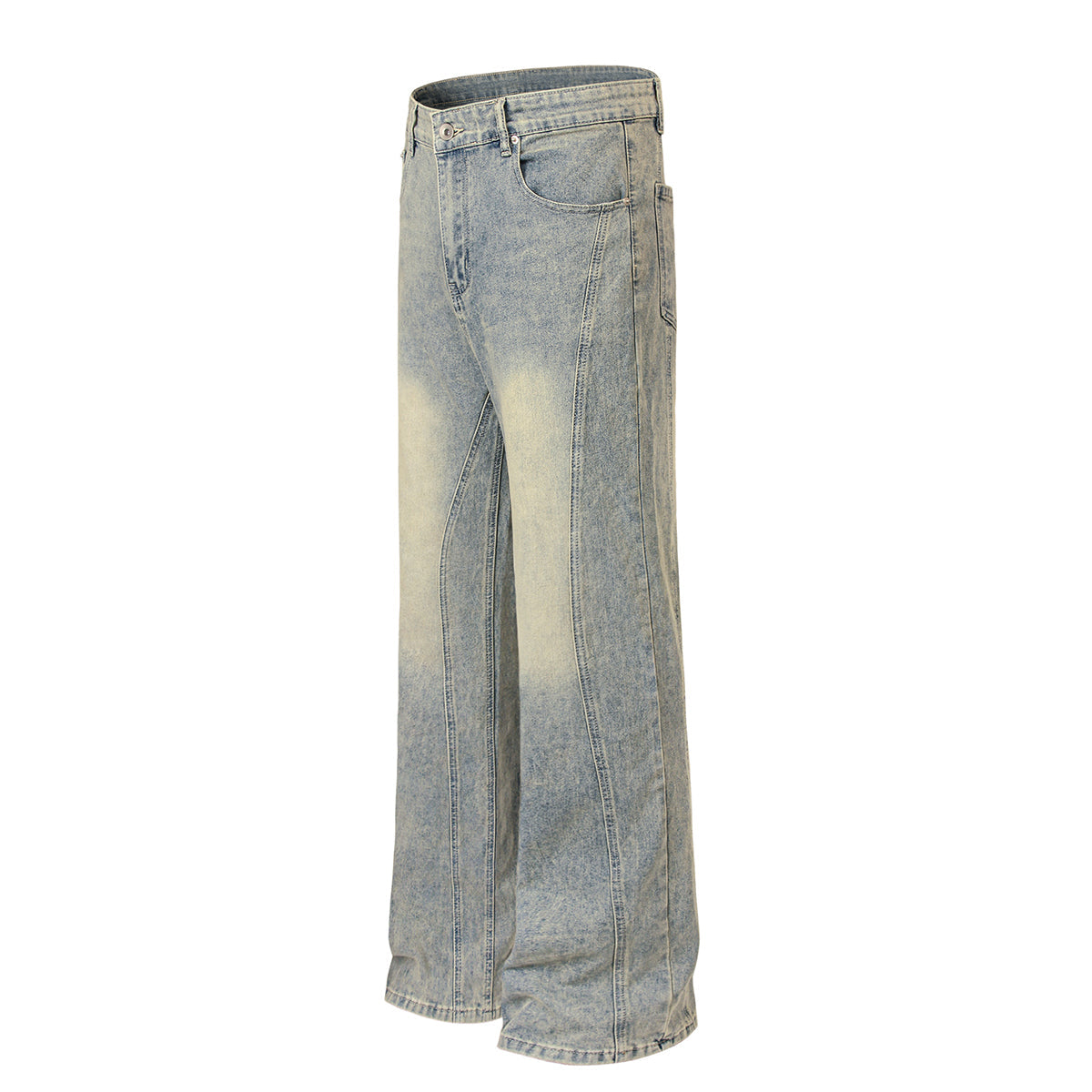 Muddy-Wash Faded Panel-Stitch Jeans