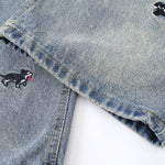 Washed Faded Dog-Embroidered Barrel-Leg Jeans