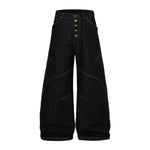 Wide Leg High Waisted Dark Denim Jeans Button Detail