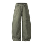 Olive Wide Leg Pants Star Cross Embroidery Details