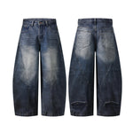 Faded Wash Panel Stitching Barrel-Leg Jeans