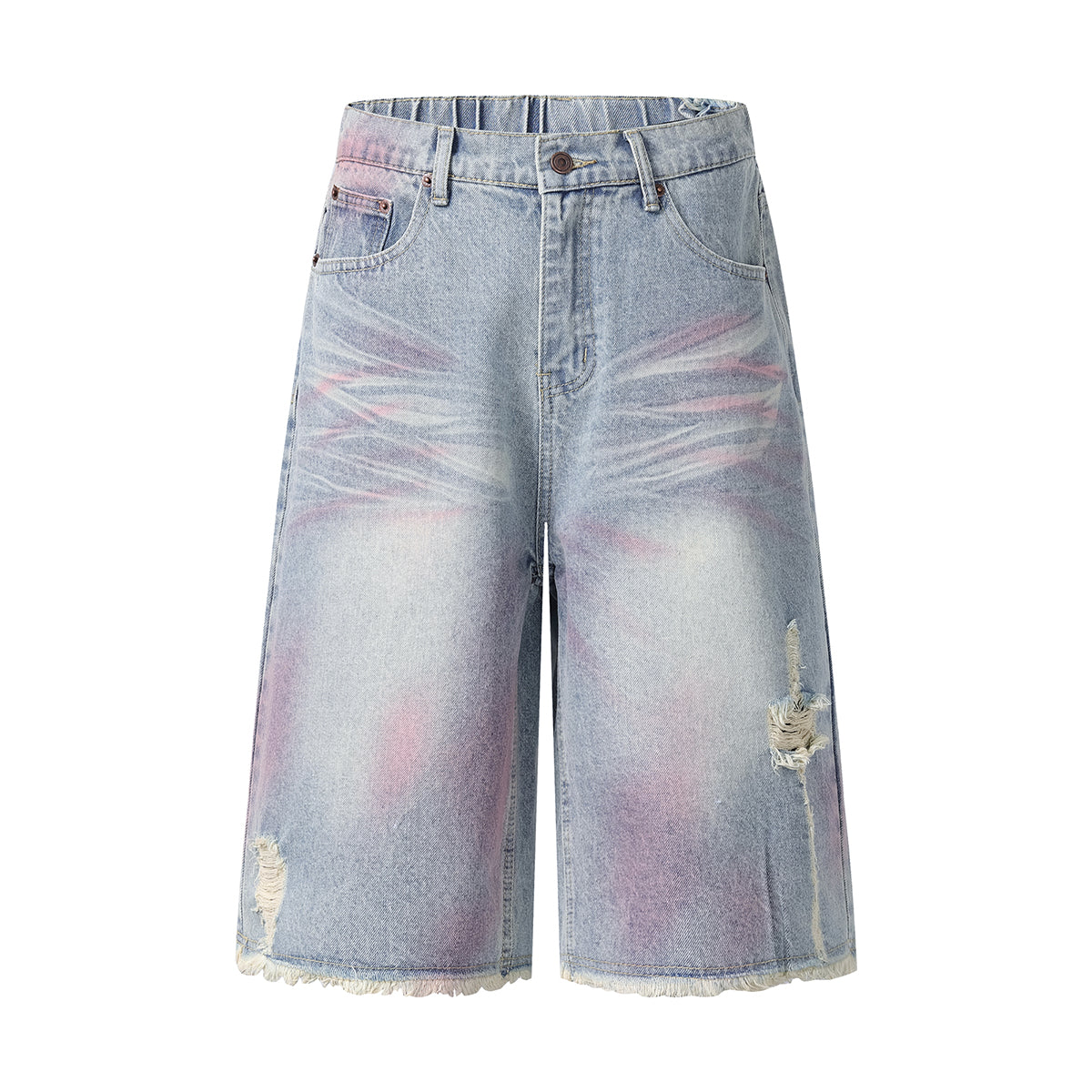 Tie-Dyed Raw Hem Ripped Bermuda Shorts