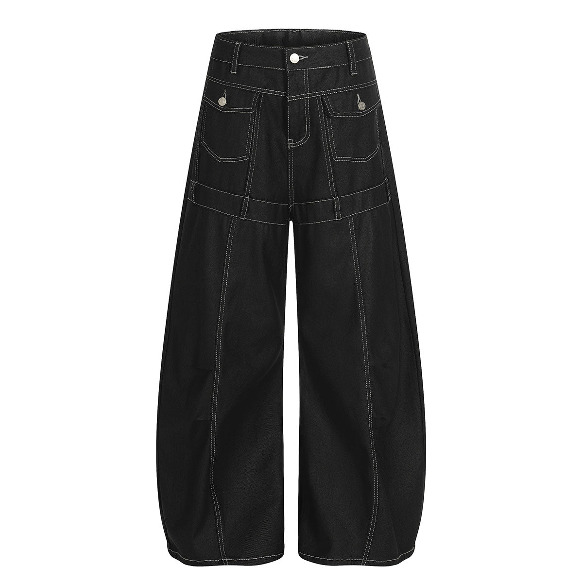 Black Wide Leg Contrast Stitch Denim Pants