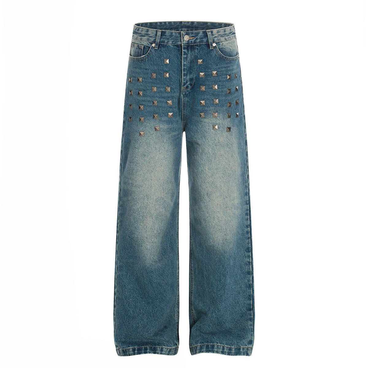 Distressed Metal Stud Wide-Leg Vintage Blue Jeans