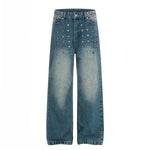 Distressed Metal Stud Wide-Leg Vintage Blue Jeans