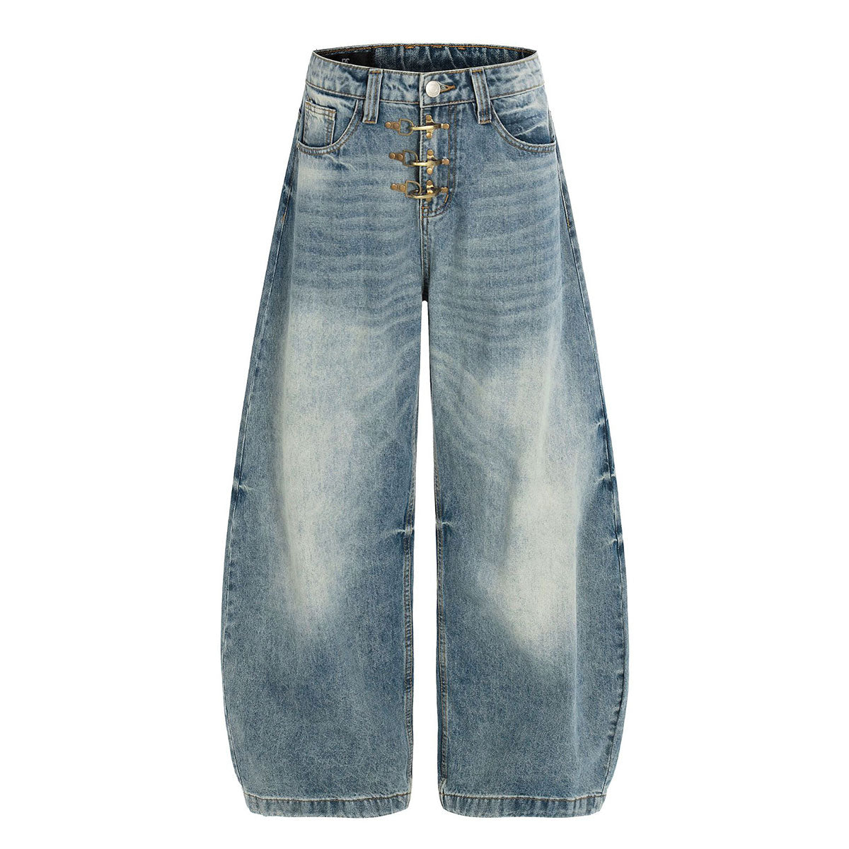Distressed Wide Leg Gold Closure Denim