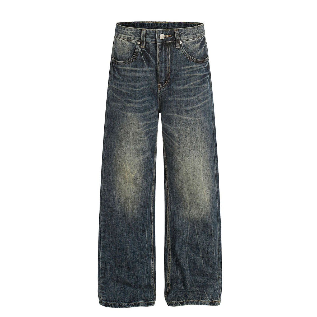Whisker Fade Vintage High-Street Loose Blue Jeans