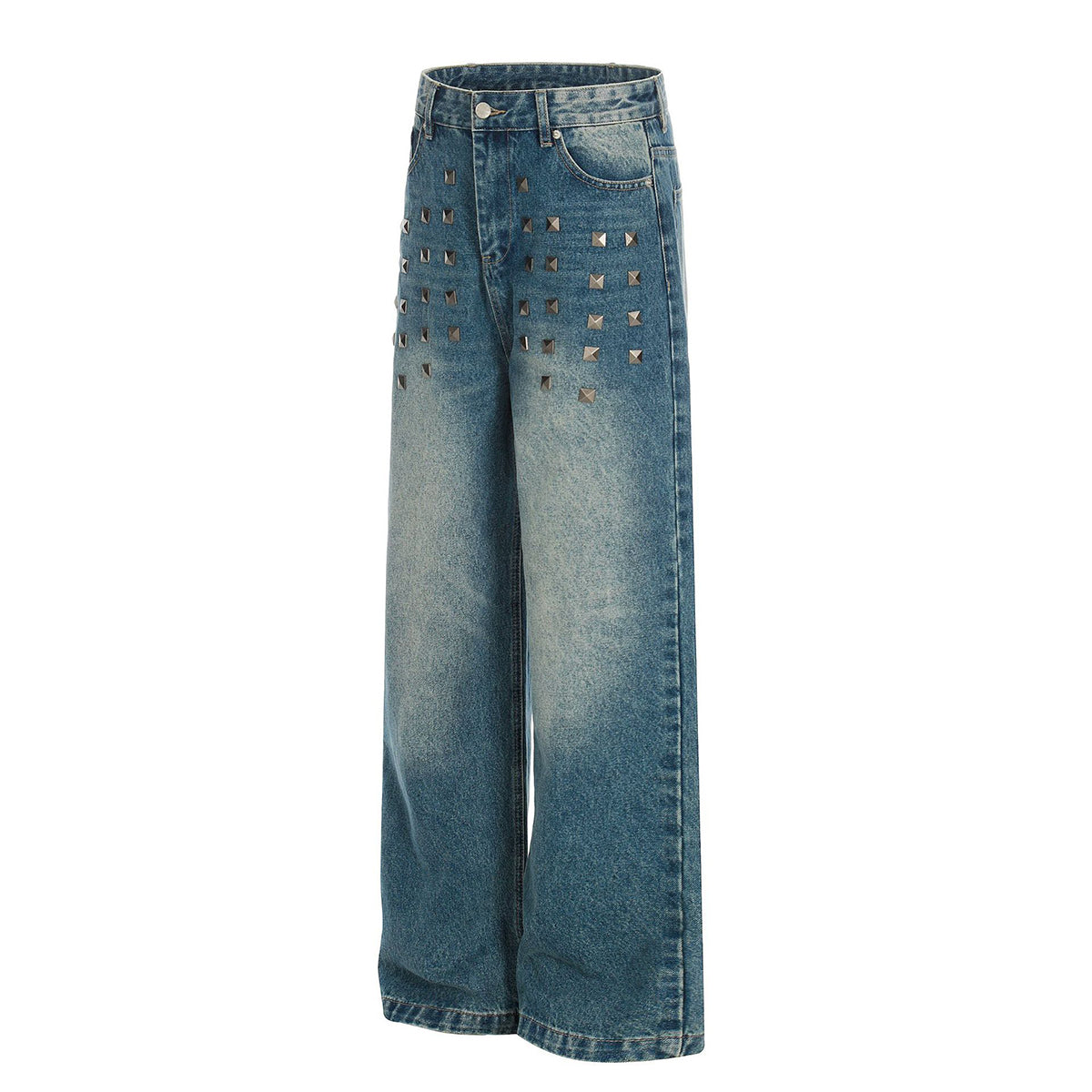 Distressed Metal Stud Wide-Leg Vintage Blue Jeans