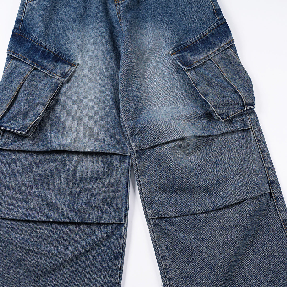 High Waisted Cargo Denim Pants Oversized Pockets Vintage Wash