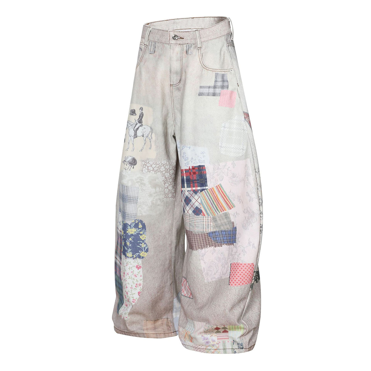 High Street Vintage-Inspired Patchwork Print Wide-Leg Jeans
