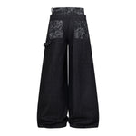 Marble Pattern Panels Black Wide Leg Painter Pants