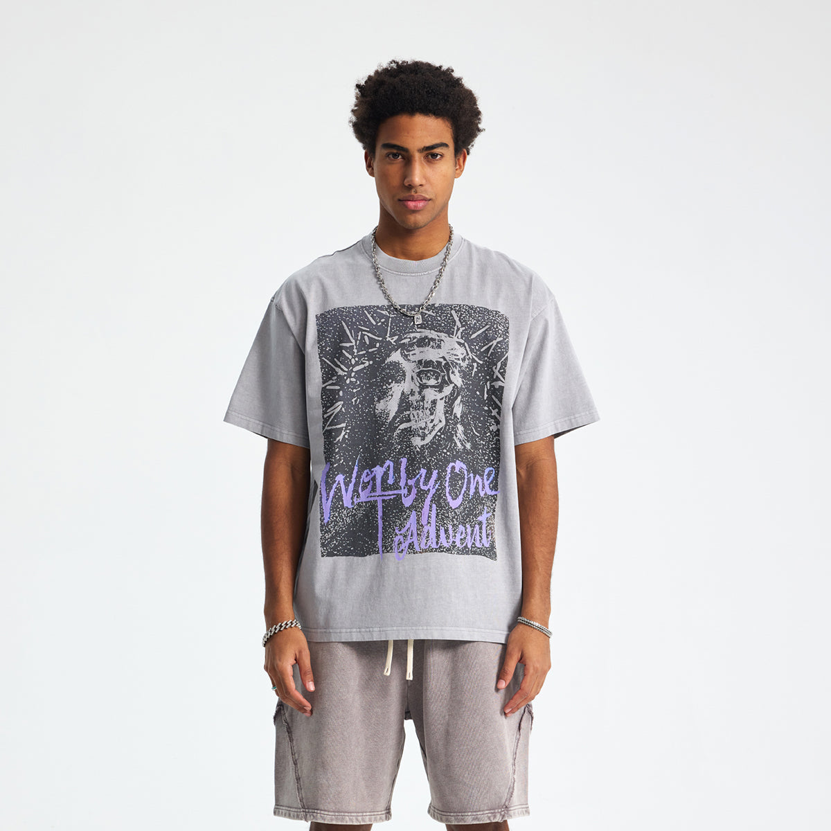 Vintage Washed Oversized Gray Print Tee