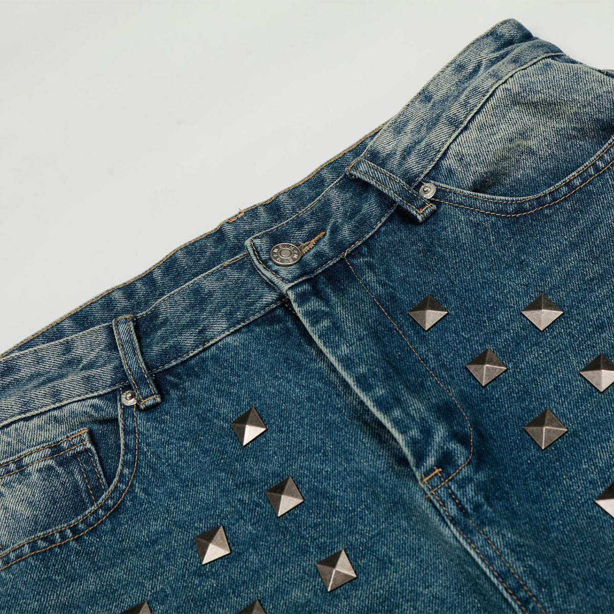 Distressed Metal Stud Wide-Leg Vintage Blue Jeans