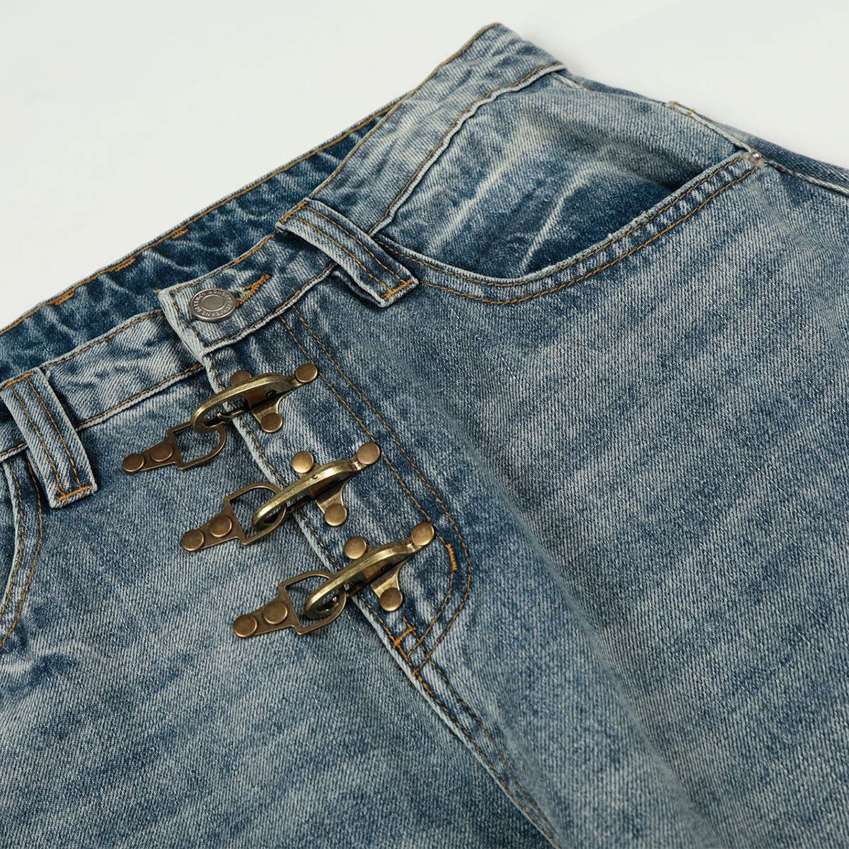 Distressed Wide Leg Gold Closure Denim