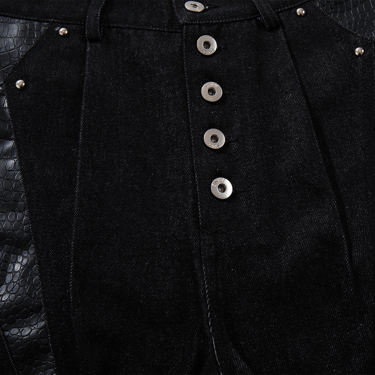 Croc Textured Panels Edgy Black Denim Wide Leg Jeans