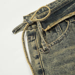 Distressed Wide Leg Denim Pants Asymmetrical Layered Waist