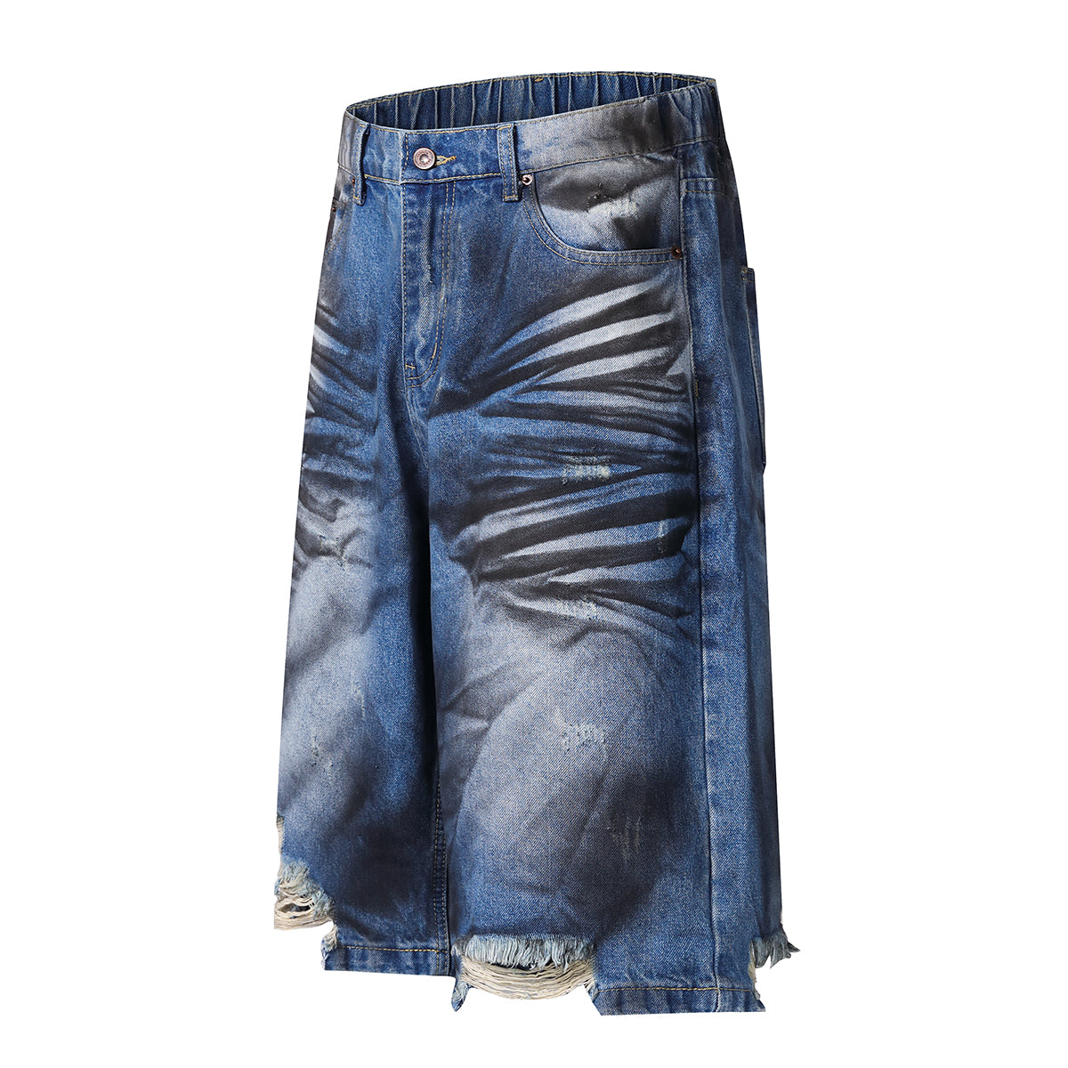 Grungy Wash Ripped Hem Denim Bermuda Shorts