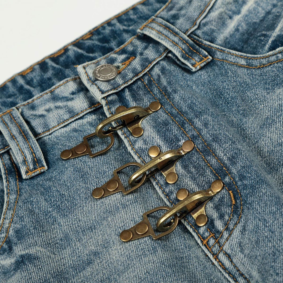 Distressed Wide Leg Gold Closure Denim