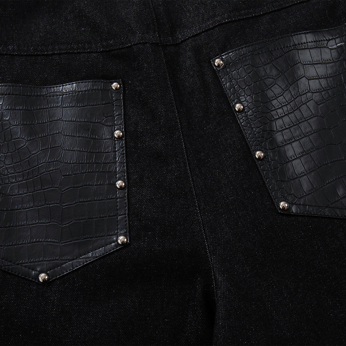 Croc Textured Panels Edgy Black Denim Wide Leg Jeans