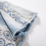 Raw-Edge Hem Heavily Embroidered Denim Skirt