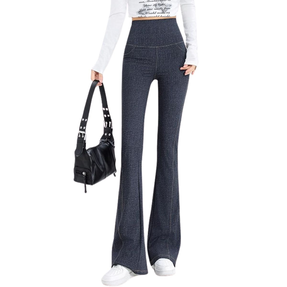 High-Waist Knit Denim Flare Pants