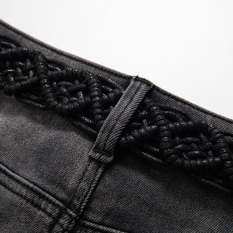 Embroidered & Rhinestone-Transferred Denim Skirt