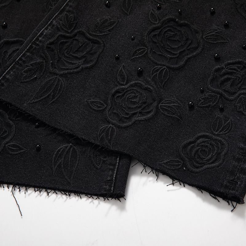 Risen Jeans Rose Embroidered Lace-Cut Jeans with Pearl Beading