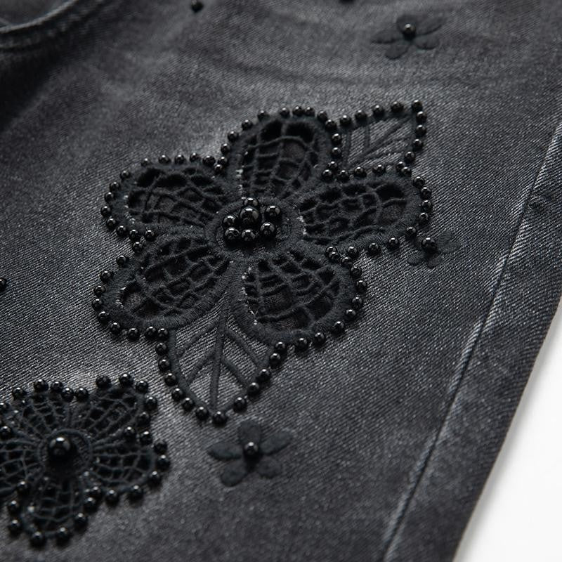 Risen Jeans Pearl-Embellished Floral Embroidered Cut-Out Jeans