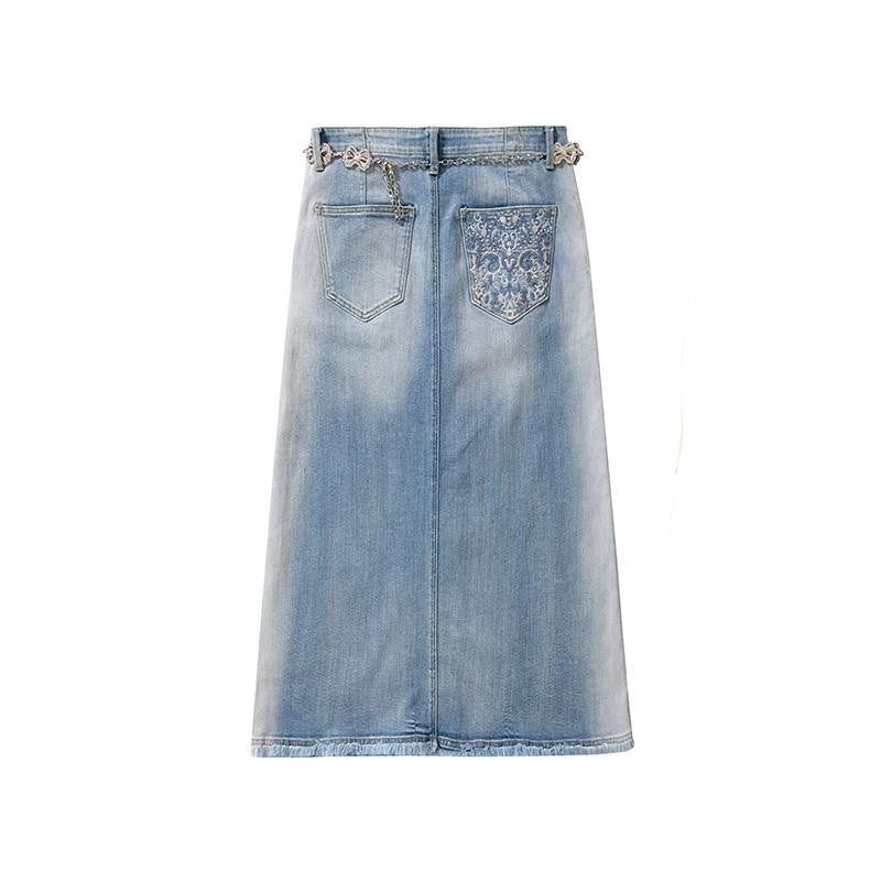 Raw-Edge Hem Heavily Embroidered Denim Skirt