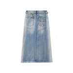 Raw-Edge Hem Heavily Embroidered Denim Skirt
