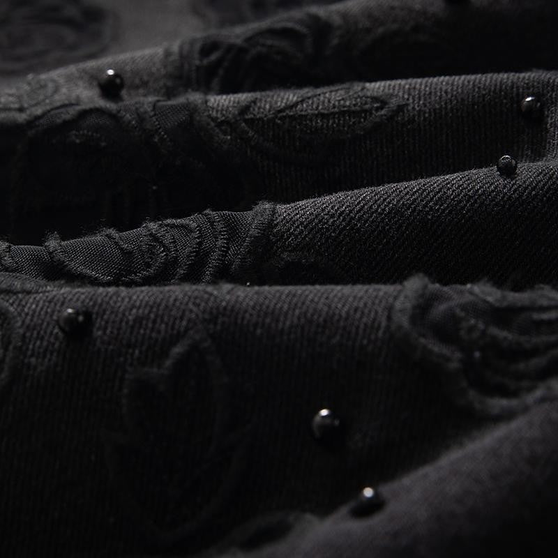 Risen Jeans Rose Embroidered Lace-Cut Jeans with Pearl Beading