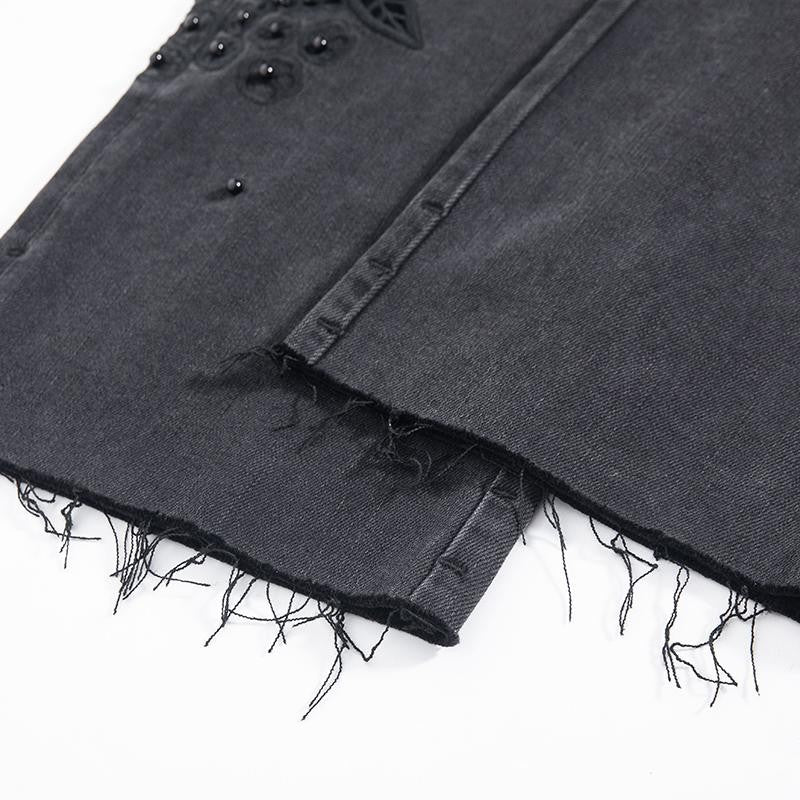 Risen Jeans Pearl-Embellished Floral-Embroidered Whisker Jeans