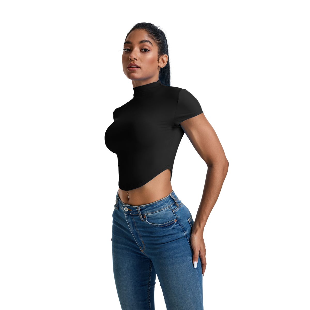 Mock Neck Curved-Hem Crop Tee