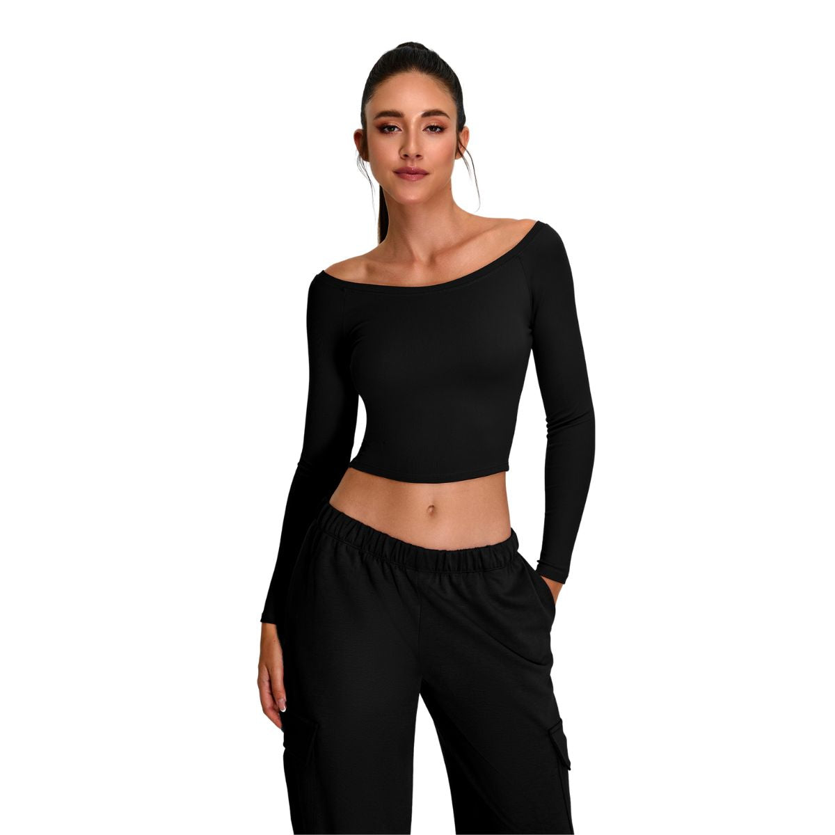 Off-Shoulder Seamless Long-Sleeve Crop Tee