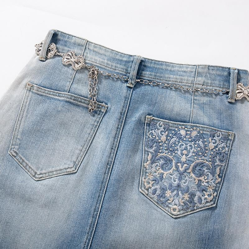 Raw-Edge Hem Heavily Embroidered Denim Skirt